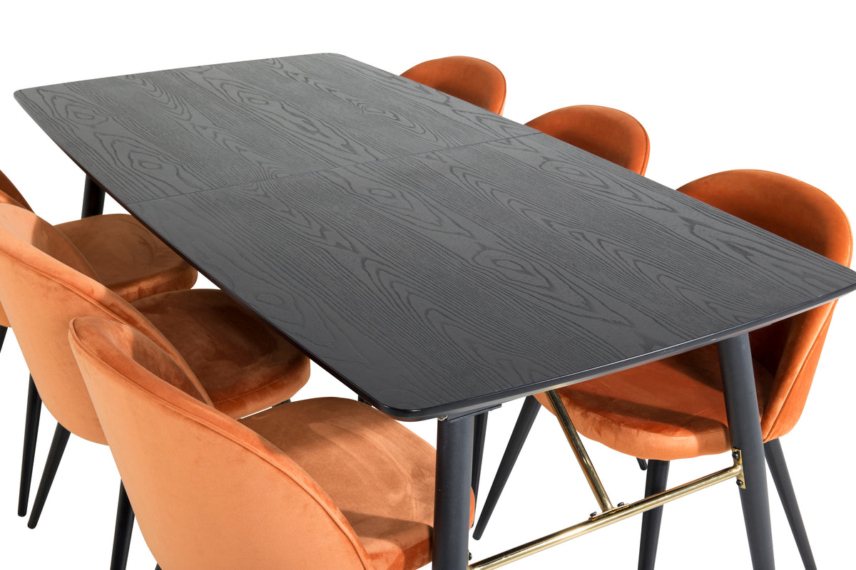 Gold utdragbart bord 180/220x85xH76 svart faner med svarta ben och mässingsdetaljer med 6 Velvet matstolar orange