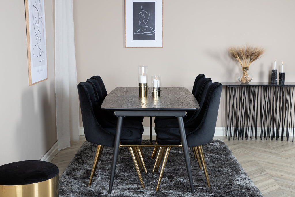 Gold utdragbart matbord 180/220x85xH76 svart faner med svarta ben och mässingsdetaljer med 6 Velvet Deluxe matstolar svart/mässing