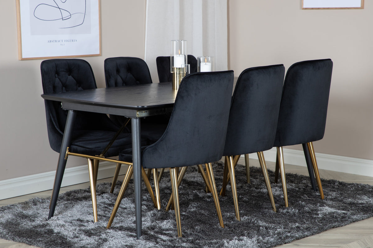Gold utdragbart matbord 180/220x85xH76 svart faner med svarta ben och mässingsdetaljer med 6 Velvet Deluxe matstolar svart/mässing