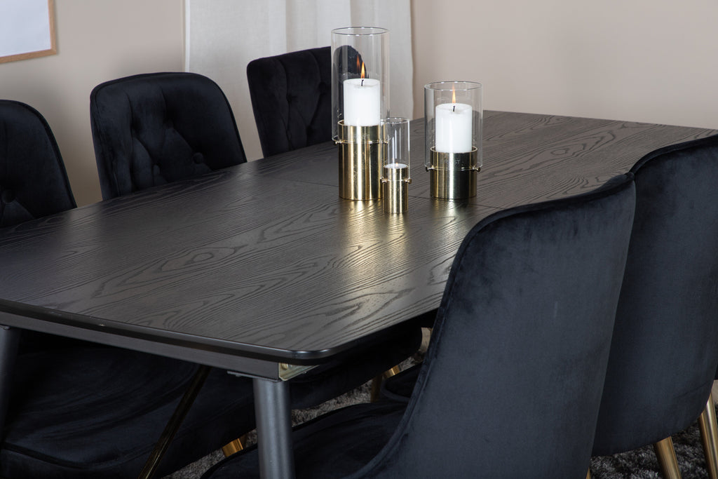 Gold utdragbart matbord 180/220x85xH76 svart faner med svarta ben och mässingsdetaljer med 6 Velvet Deluxe matstolar svart/mässing