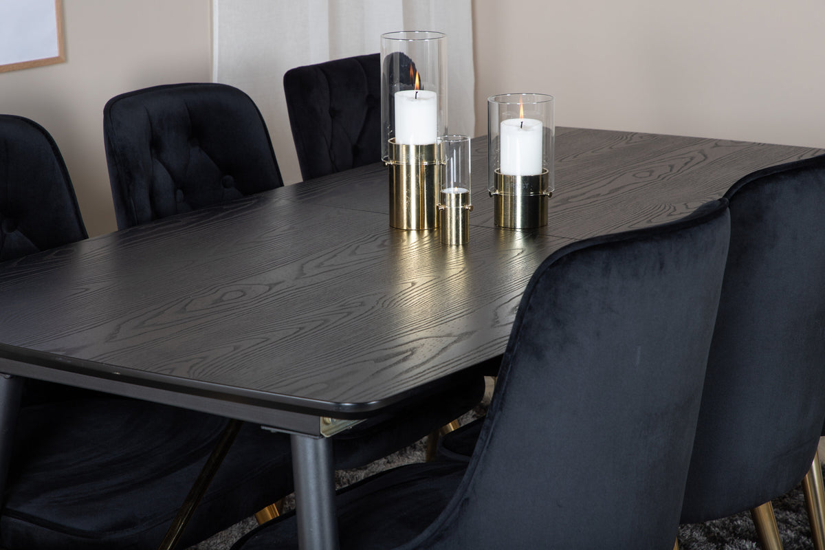 Gold utdragbart matbord 180/220x85xH76 svart faner med svarta ben och mässingsdetaljer med 6 Velvet Deluxe matstolar svart/mässing
