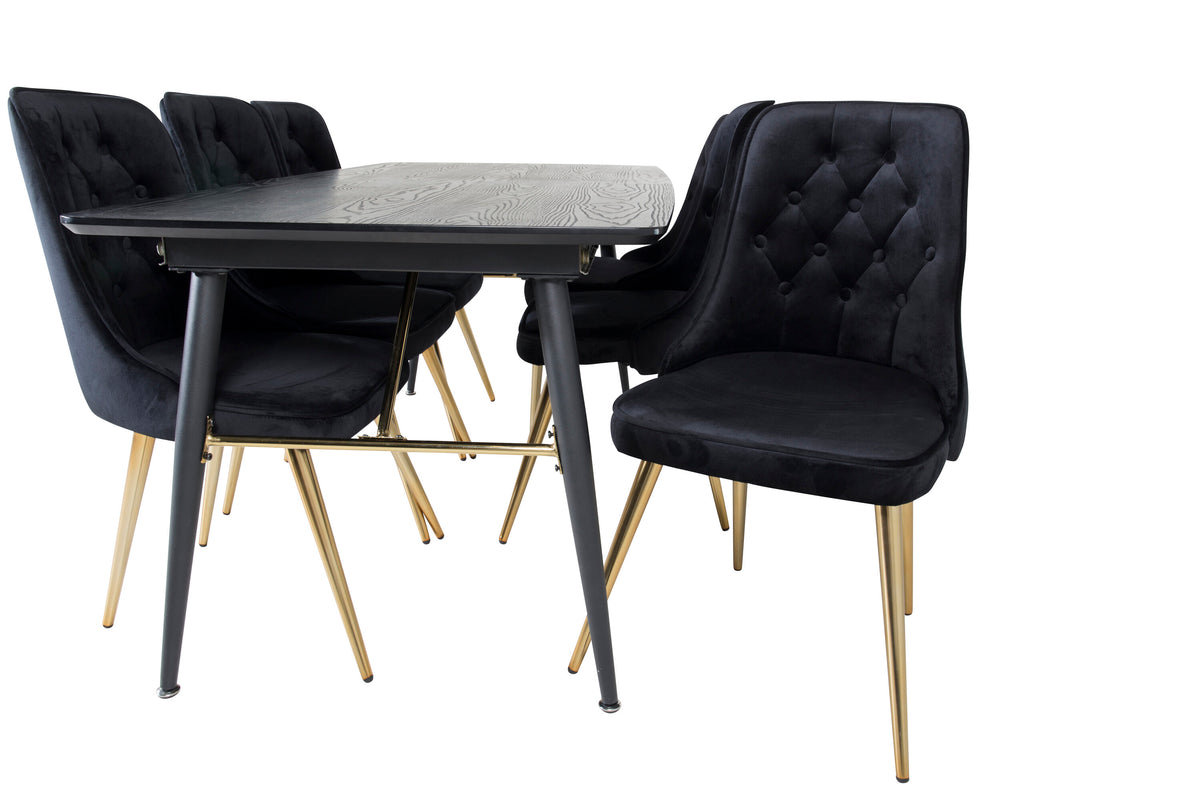 Gold utdragbart matbord 180/220x85xH76 svart faner med svarta ben och mässingsdetaljer med 6 Velvet Deluxe matstolar svart/mässing