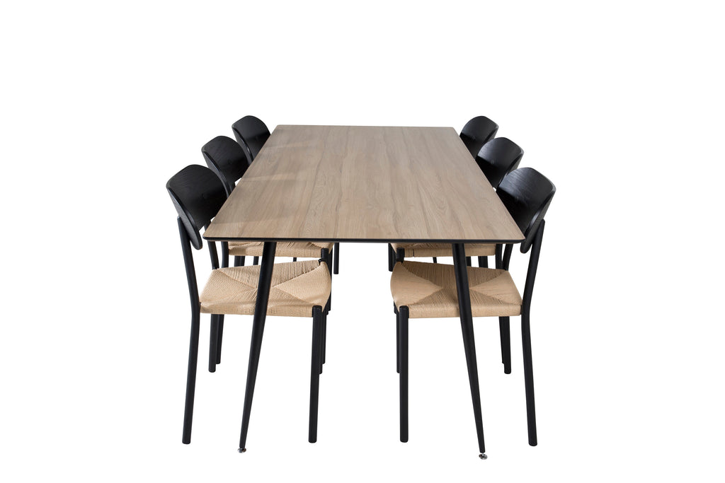 Silar matbord 180 cm trälook melamin/svarta ben med 6 Polly matstolar svart/natur