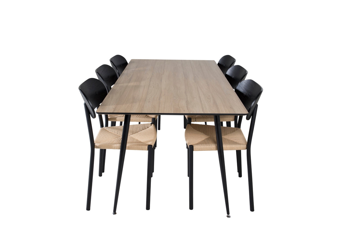 Silar matbord 180 cm trälook melamin/svarta ben med 6 Polly matstolar svart/natur