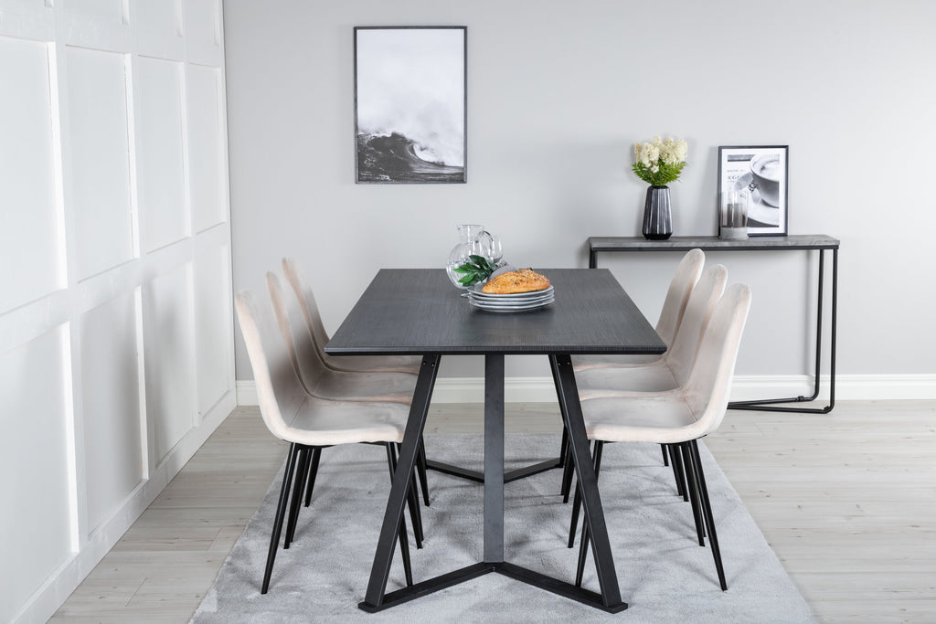 Marina matbord svart topp med svarta ben och 6 Polar matstolar svarta ben beige sammet