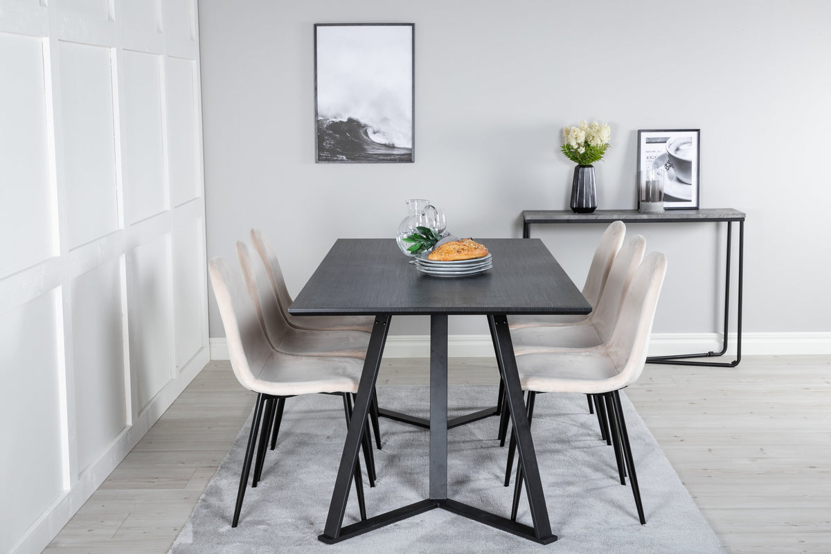 Marina matbord svart topp med svarta ben och 6 Polar matstolar svarta ben beige sammet