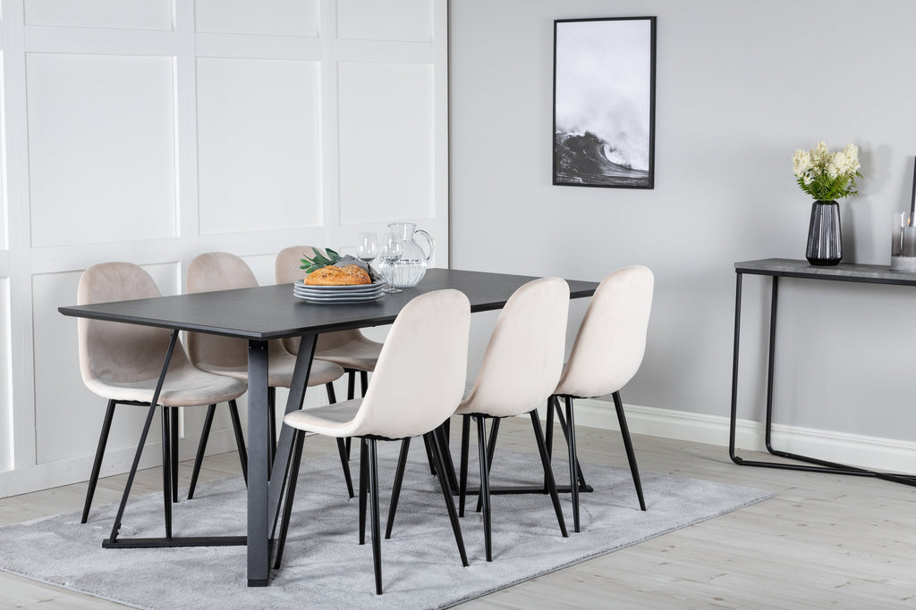 Marina matbord svart topp med svarta ben och 6 Polar matstolar svarta ben beige sammet