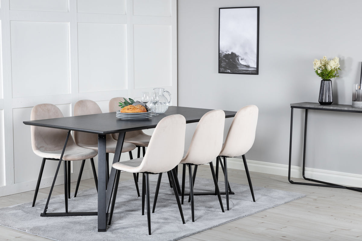 Marina matbord svart topp med svarta ben och 6 Polar matstolar svarta ben beige sammet