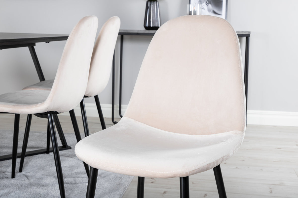 Marina matbord svart topp med svarta ben och 6 Polar matstolar svarta ben beige sammet