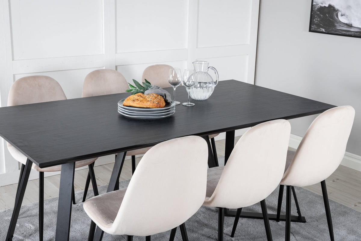 Marina matbord svart topp med svarta ben och 6 Polar matstolar svarta ben beige sammet
