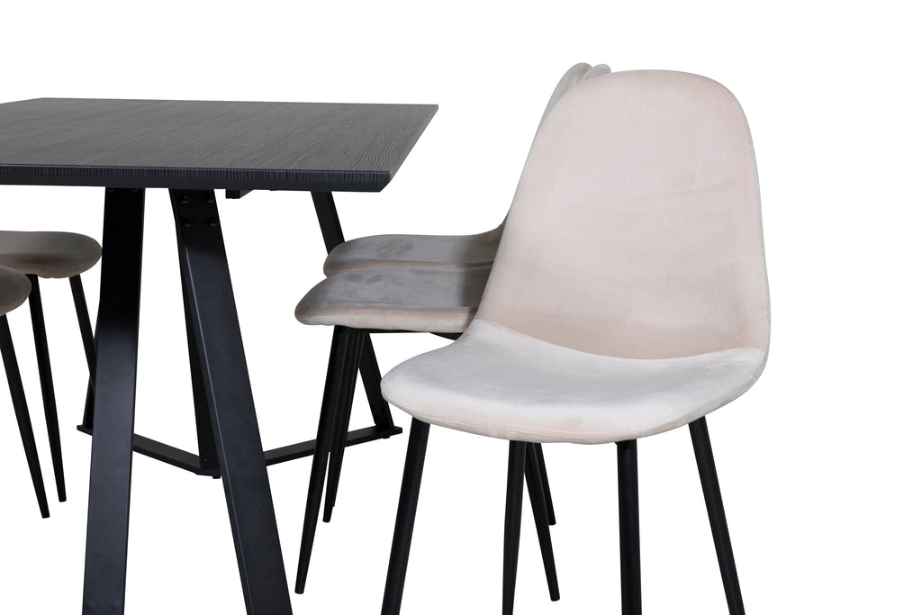 Marina matbord svart topp med svarta ben och 6 Polar matstolar svarta ben beige sammet