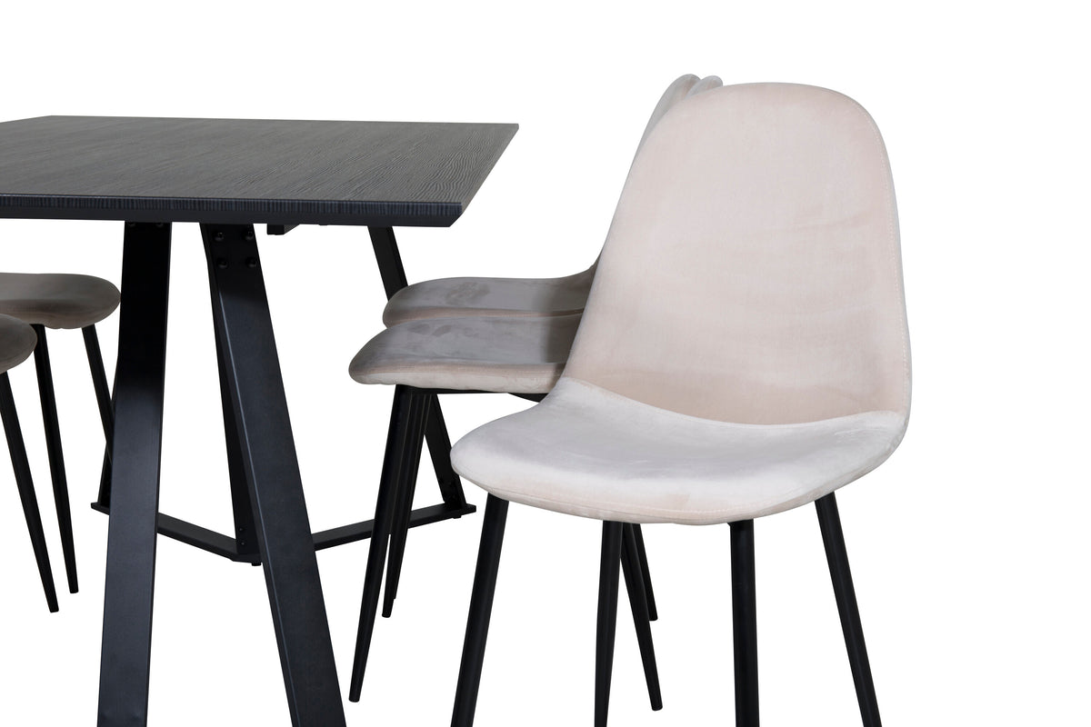 Marina matbord svart topp med svarta ben och 6 Polar matstolar svarta ben beige sammet