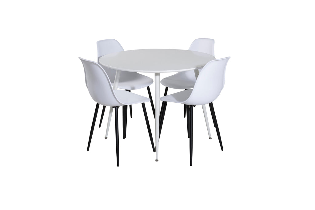 Plaza runt bord 100 cm vit topp/vita ben med 4 Polar plast matstolar svarta ben/vit plast