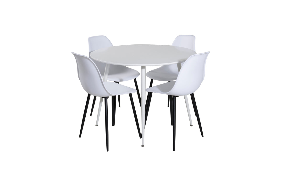 Plaza runt bord 100 cm vit topp/vita ben med 4 Polar plast matstolar svarta ben/vit plast
