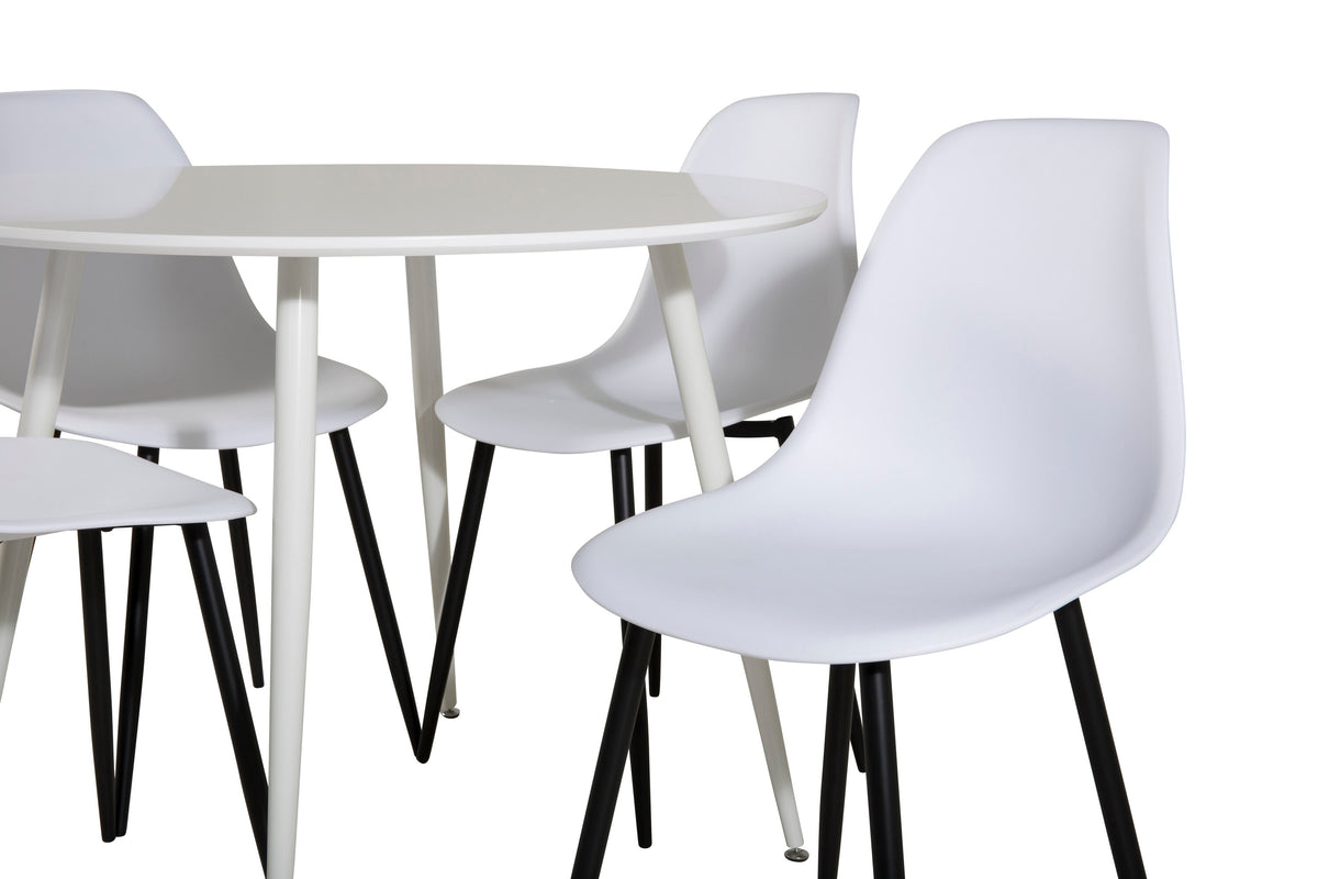 Plaza runt bord 100 cm vit topp/vita ben med 4 Polar plast matstolar svarta ben/vit plast