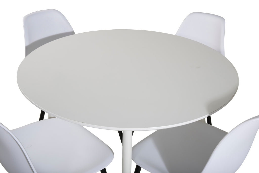 Plaza runt bord 100 cm vit topp/vita ben med 4 Polar plast matstolar svarta ben/vit plast