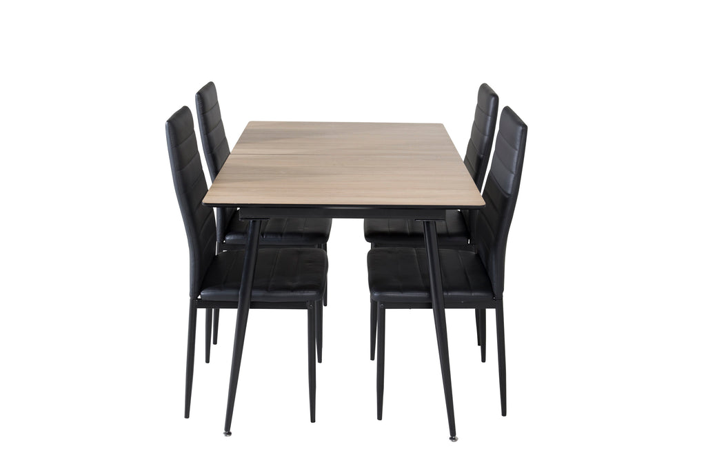 Silar utdragbart bord trälook melamin/svarta ben med 4 Slim High Back matstolar svarta ben - svart PU