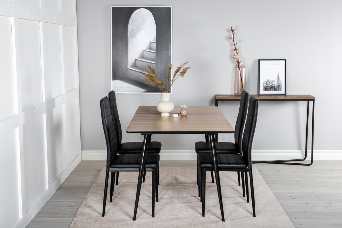 Silar utdragbart bord trälook melamin/svarta ben med 4 Slim High Back matstolar svarta ben - svart PU