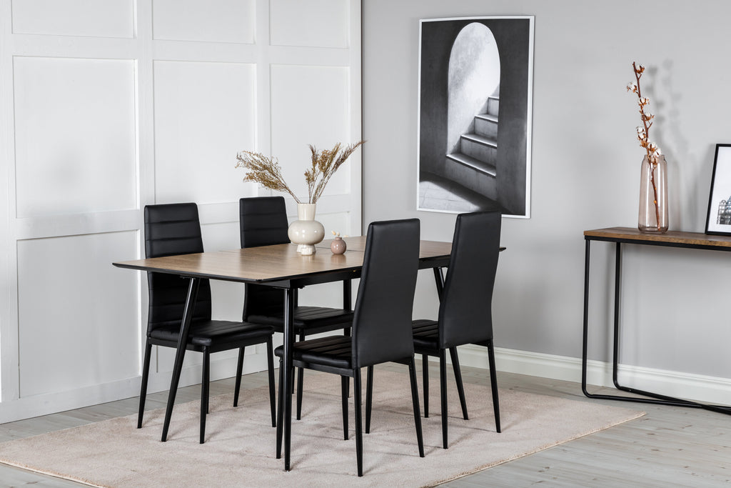Silar utdragbart bord trälook melamin/svarta ben med 4 Slim High Back matstolar svarta ben - svart PU