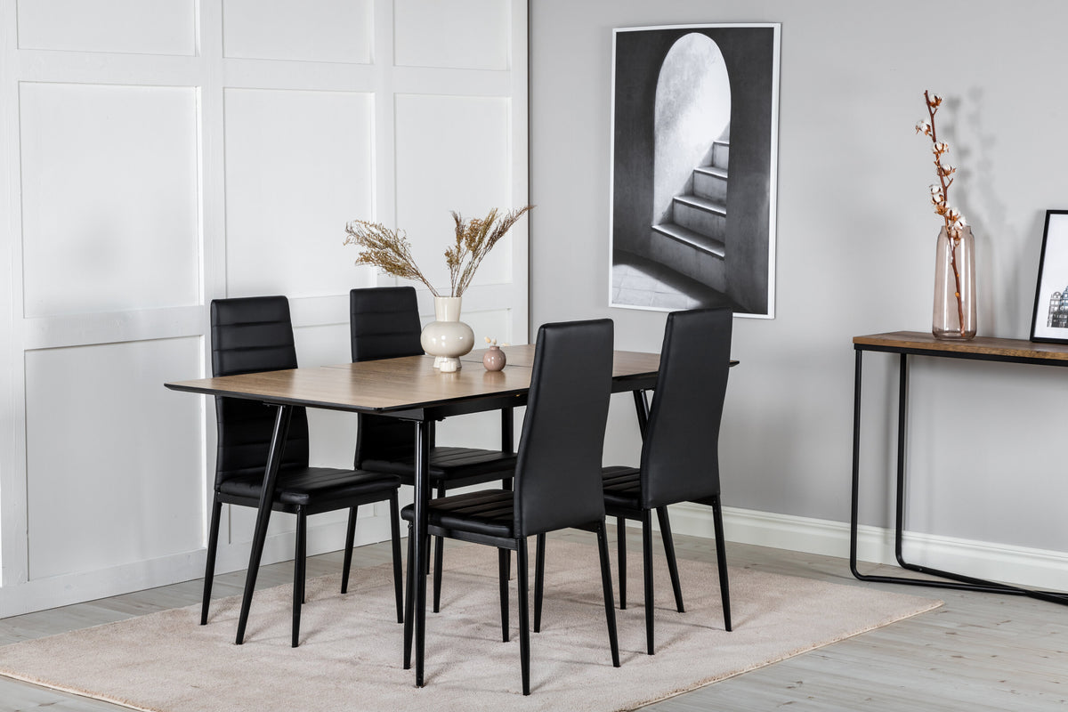 Silar utdragbart bord trälook melamin/svarta ben med 4 Slim High Back matstolar svarta ben - svart PU