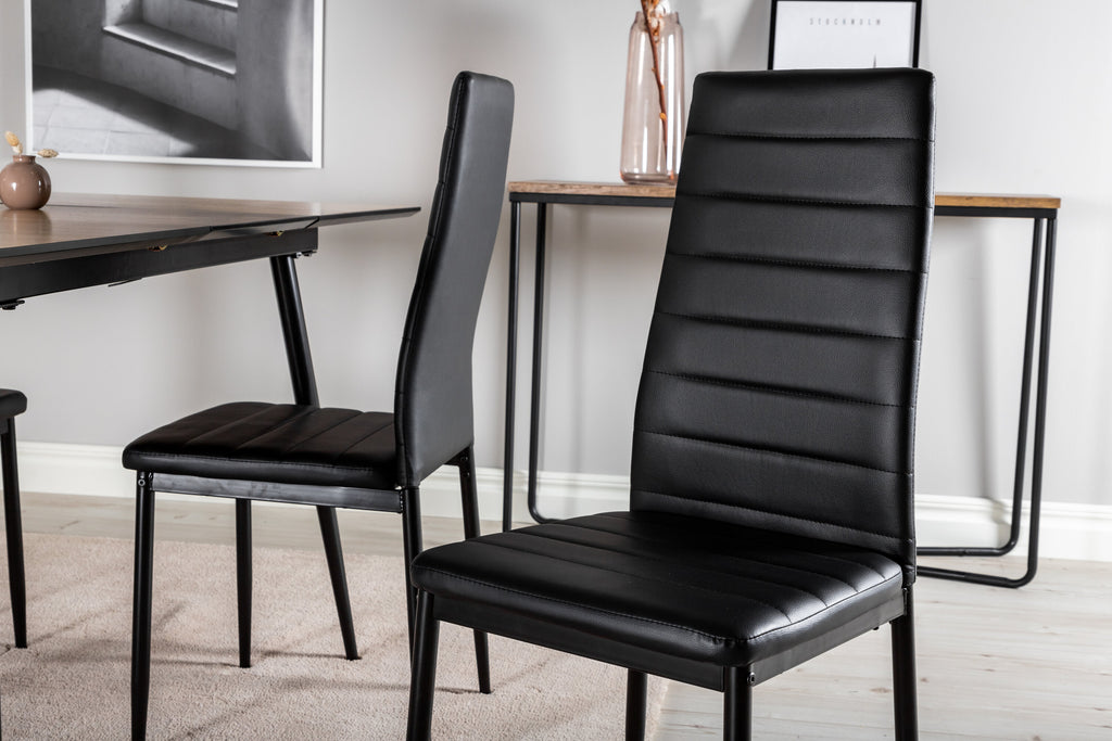 Silar utdragbart bord trälook melamin/svarta ben med 4 Slim High Back matstolar svarta ben - svart PU