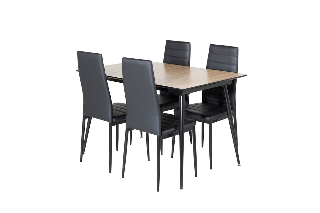 Silar utdragbart bord trälook melamin/svarta ben med 4 Slim High Back matstolar svarta ben - svart PU