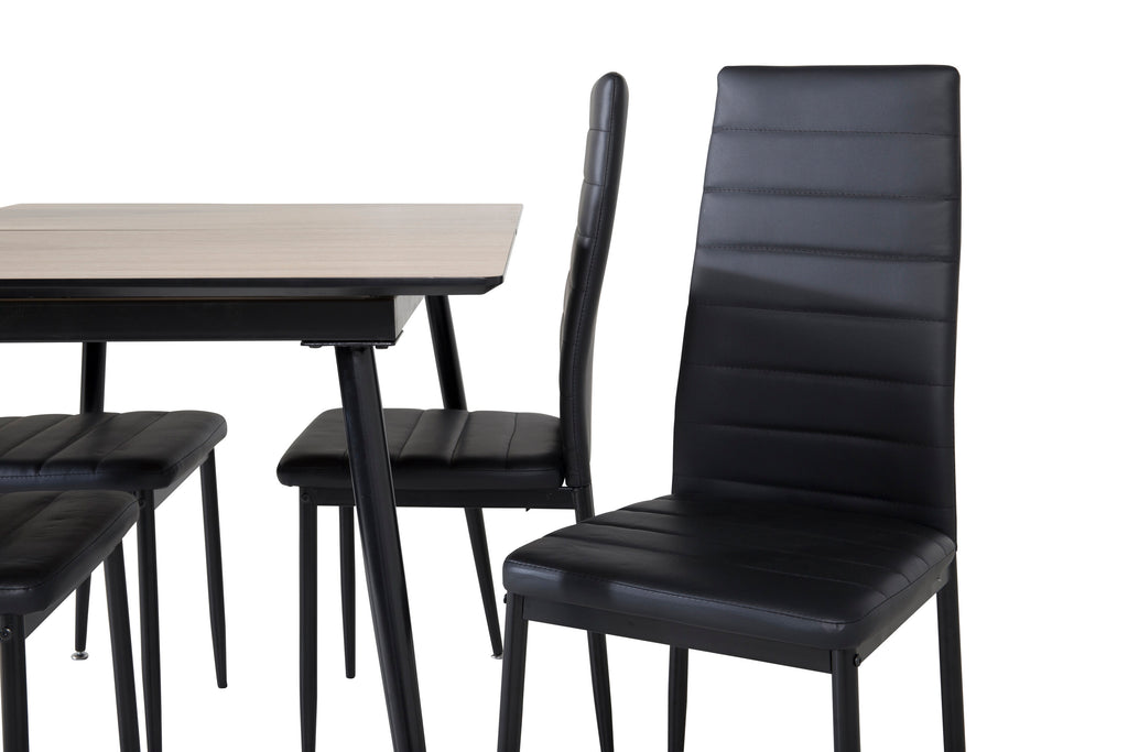 Silar utdragbart bord trälook melamin/svarta ben med 4 Slim High Back matstolar svarta ben - svart PU