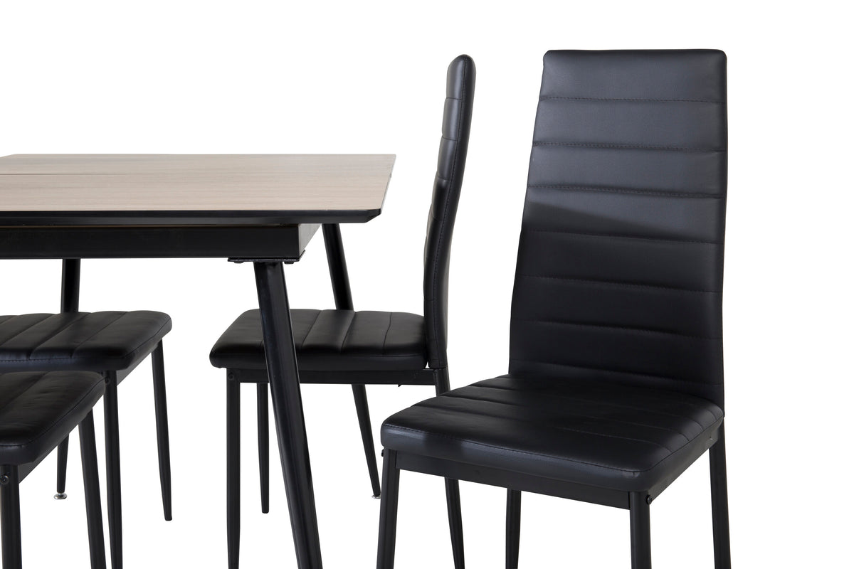Silar utdragbart bord trälook melamin/svarta ben med 4 Slim High Back matstolar svarta ben - svart PU