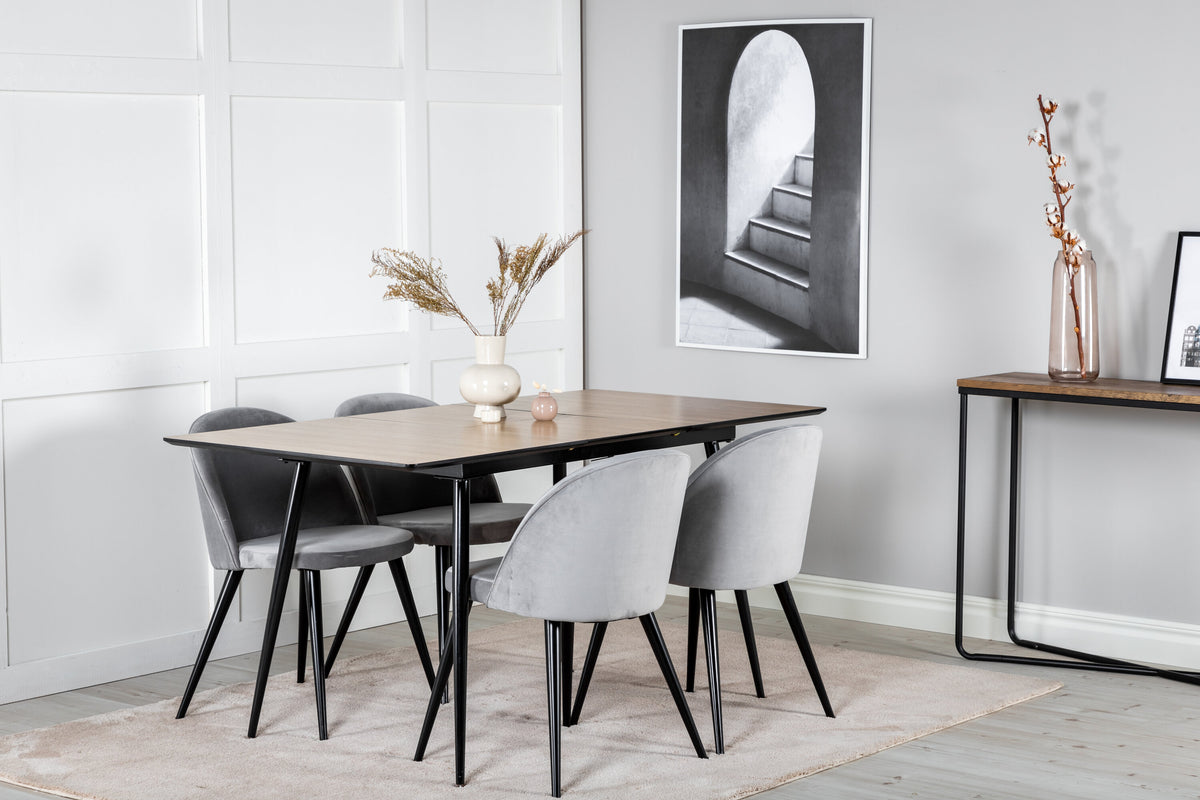 Silar förlängningsbord trälook melamin svarta ben med 4 Velvet stolar ljusgrå/svart