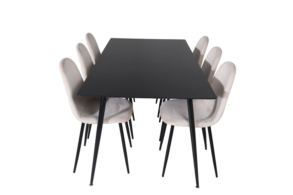 Silar matbord 180 cm svart melamin/svarta ben med 6 Polar matstolar svarta ben beige sammet