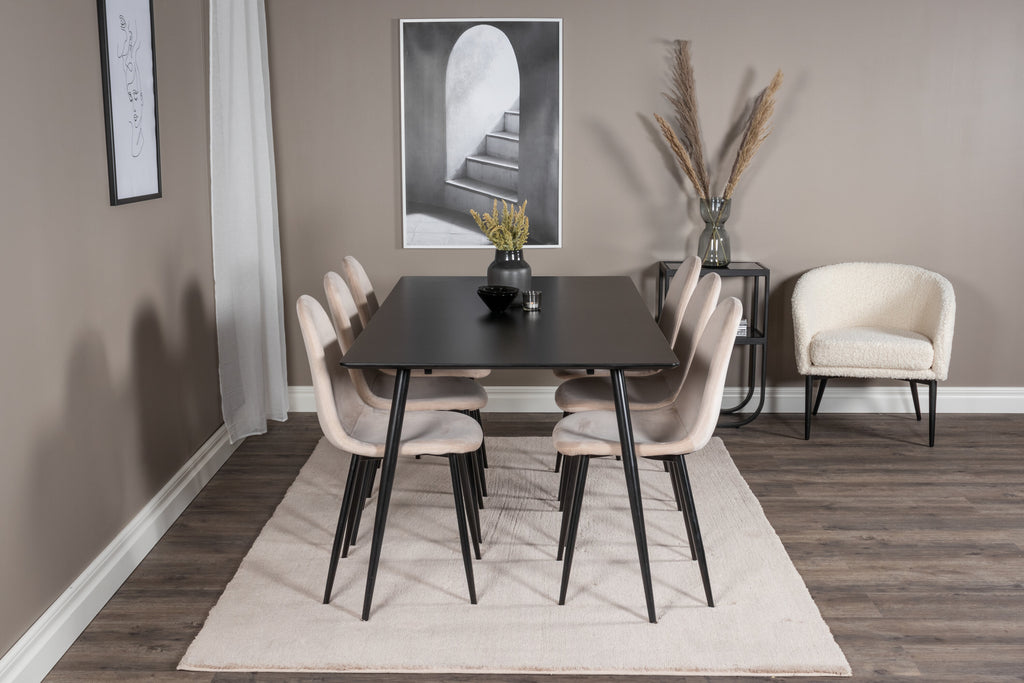 Silar matbord 180 cm svart melamin/svarta ben med 6 Polar matstolar svarta ben beige sammet