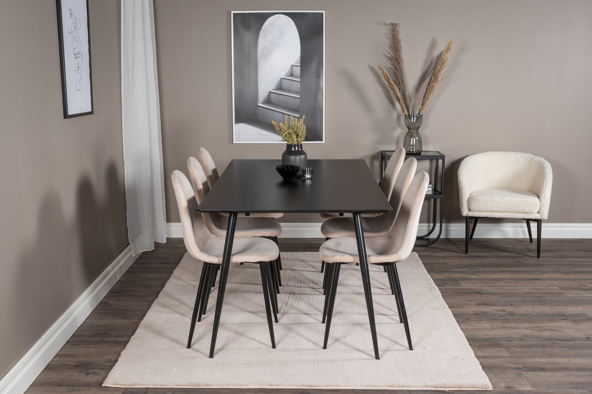 Silar matbord 180 cm svart melamin/svarta ben med 6 Polar matstolar svarta ben beige sammet