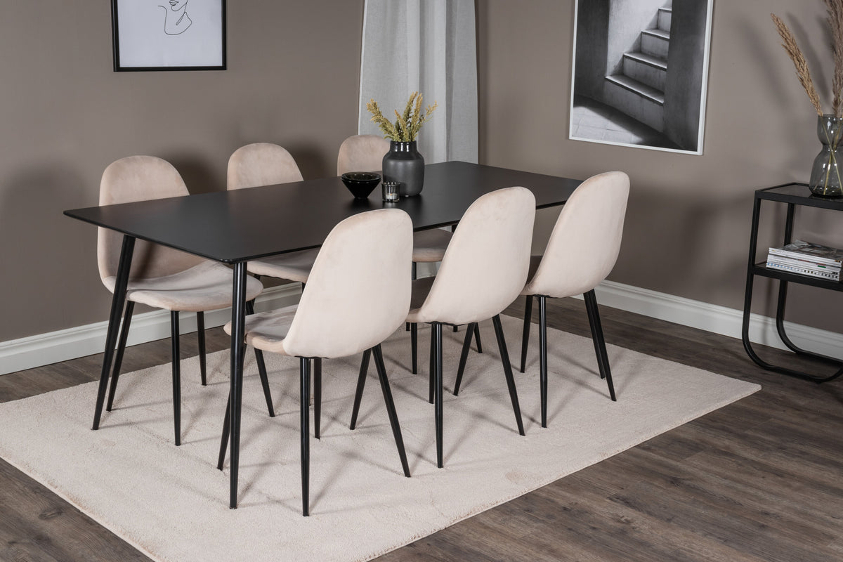 Silar matbord 180 cm svart melamin/svarta ben med 6 Polar matstolar svarta ben beige sammet