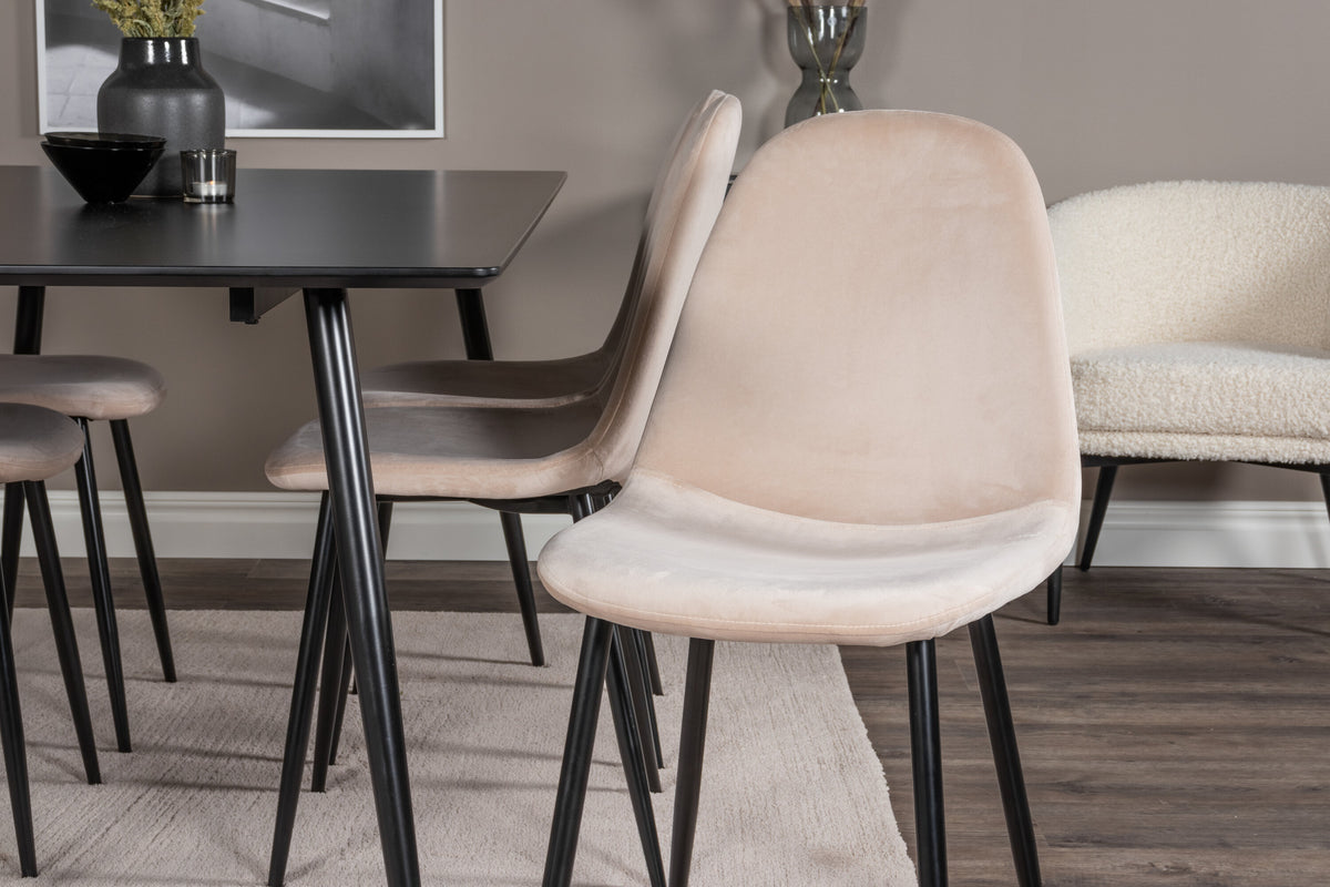 Silar matbord 180 cm svart melamin/svarta ben med 6 Polar matstolar svarta ben beige sammet