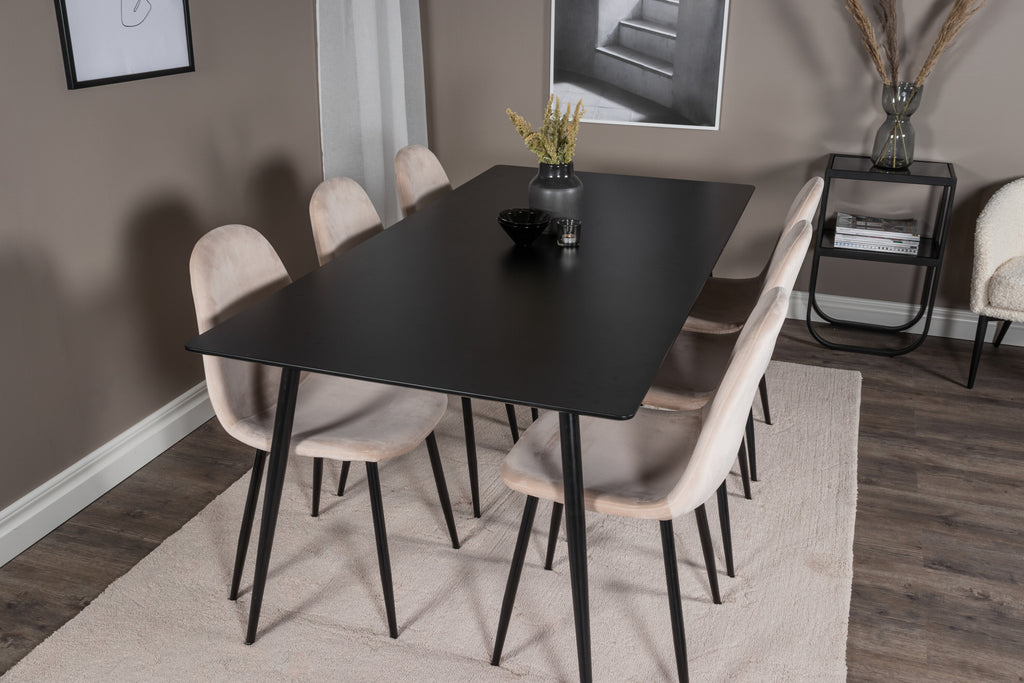 Silar matbord 180 cm svart melamin/svarta ben med 6 Polar matstolar svarta ben beige sammet