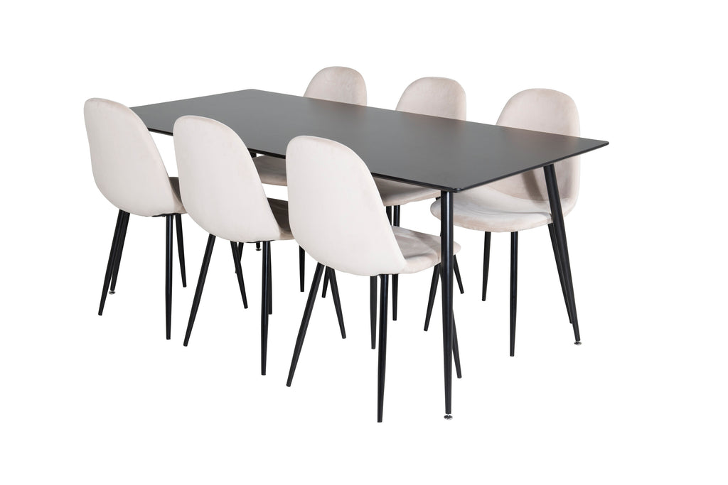 Silar matbord 180 cm svart melamin/svarta ben med 6 Polar matstolar svarta ben beige sammet