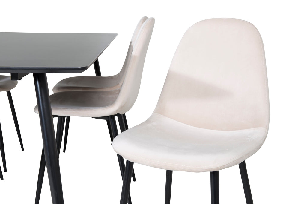 Silar matbord 180 cm svart melamin/svarta ben med 6 Polar matstolar svarta ben beige sammet