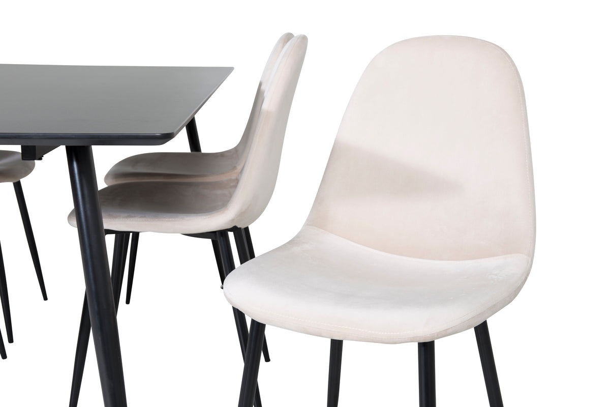 Silar matbord 180 cm svart melamin/svarta ben med 6 Polar matstolar svarta ben beige sammet
