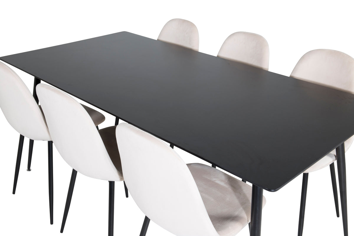Silar matbord 180 cm svart melamin/svarta ben med 6 Polar matstolar svarta ben beige sammet