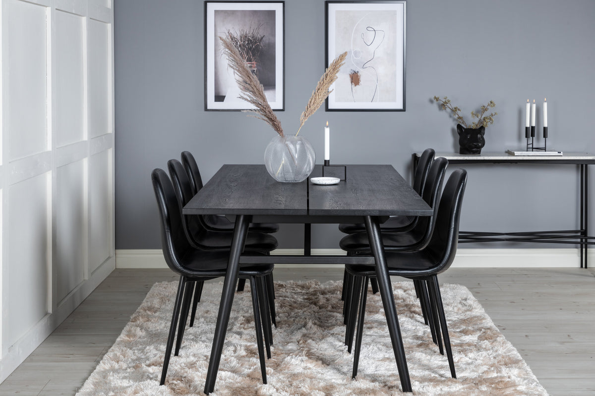 Sleek utdragbart matbord svart borstad 195*95 med 6 Polar matstolar svart/svart