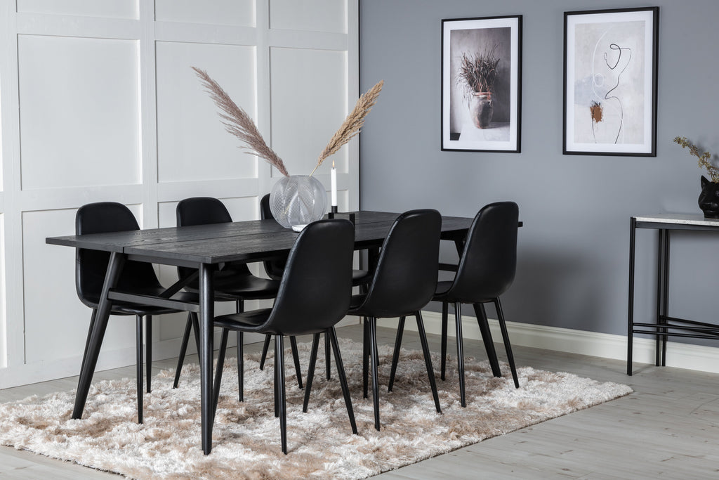 Sleek utdragbart matbord svart borstad 195*95 med 6 Polar matstolar svart/svart