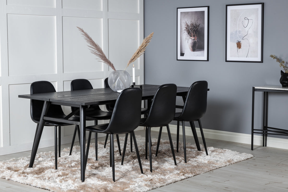 Sleek utdragbart matbord svart borstad 195*95 med 6 Polar matstolar svart/svart