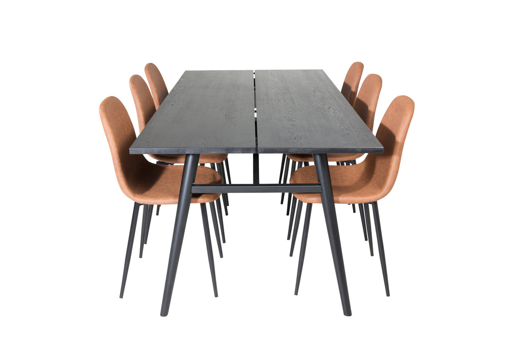 Sleek utdragbart matbord borstad svart 195x95 med 6 Polar matstolar brun/svart