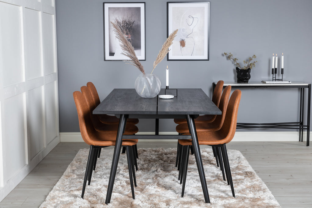 Sleek utdragbart matbord borstad svart 195x95 med 6 Polar matstolar brun/svart