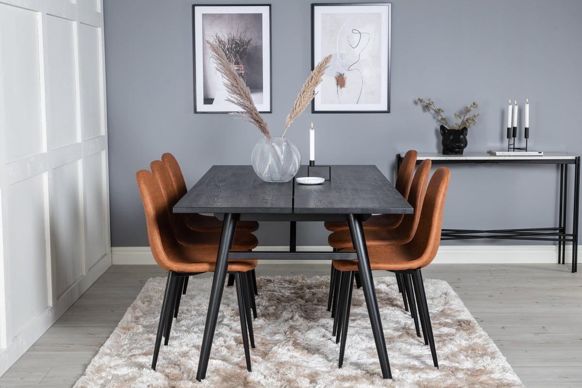 Sleek utdragbart matbord borstad svart 195x95 med 6 Polar matstolar brun/svart