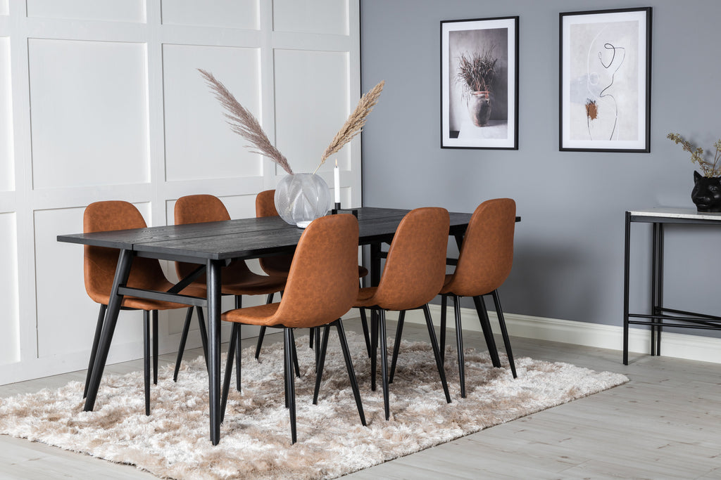 Sleek utdragbart matbord borstad svart 195x95 med 6 Polar matstolar brun/svart