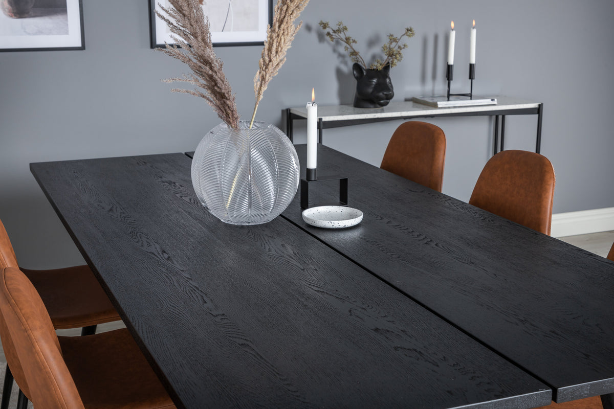 Sleek utdragbart matbord borstad svart 195x95 med 6 Polar matstolar brun/svart