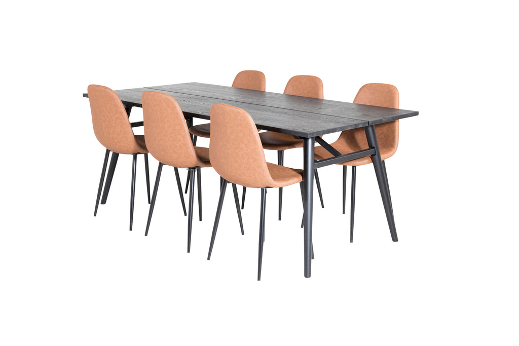 Sleek utdragbart matbord borstad svart 195x95 med 6 Polar matstolar brun/svart