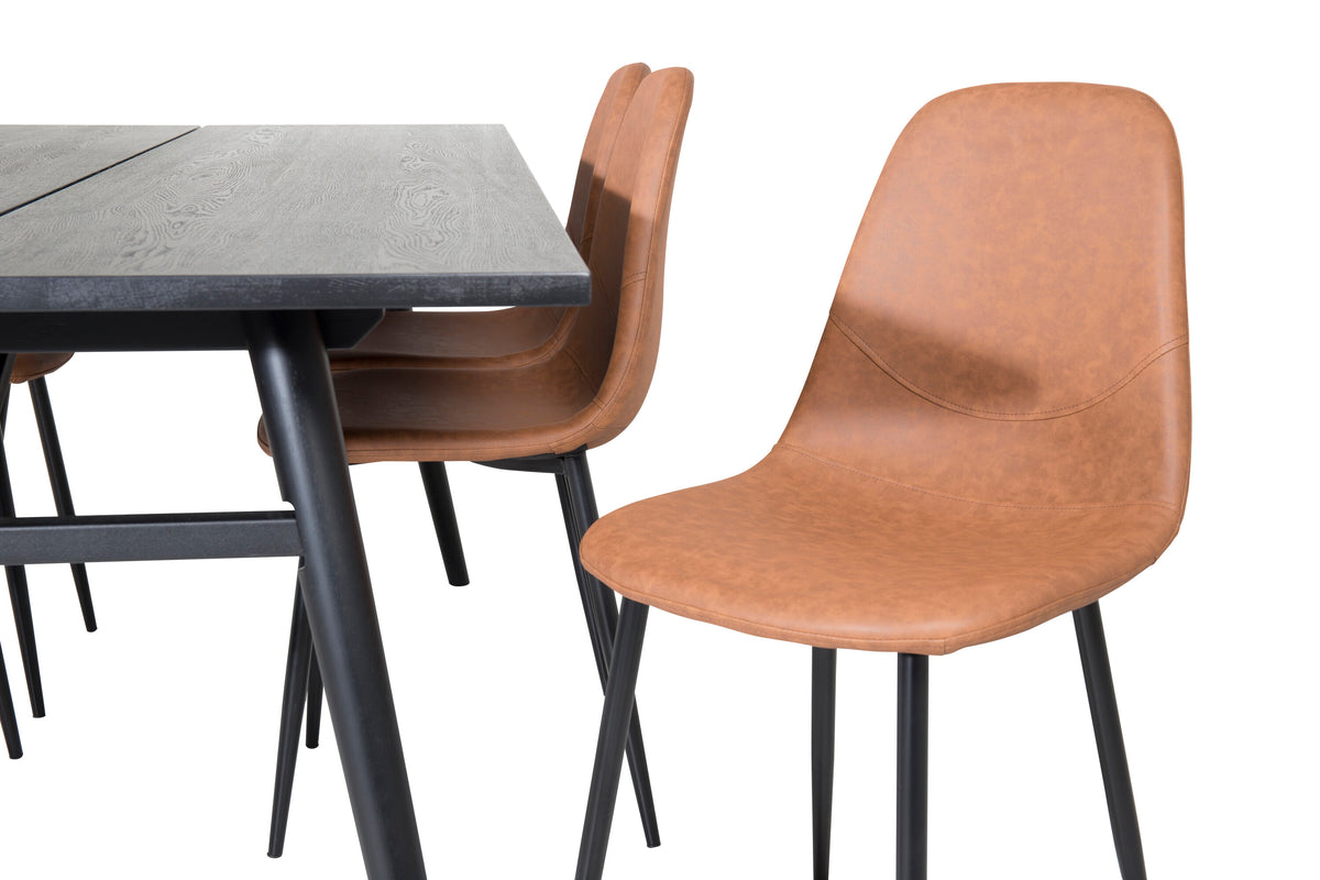 Sleek utdragbart matbord borstad svart 195x95 med 6 Polar matstolar brun/svart