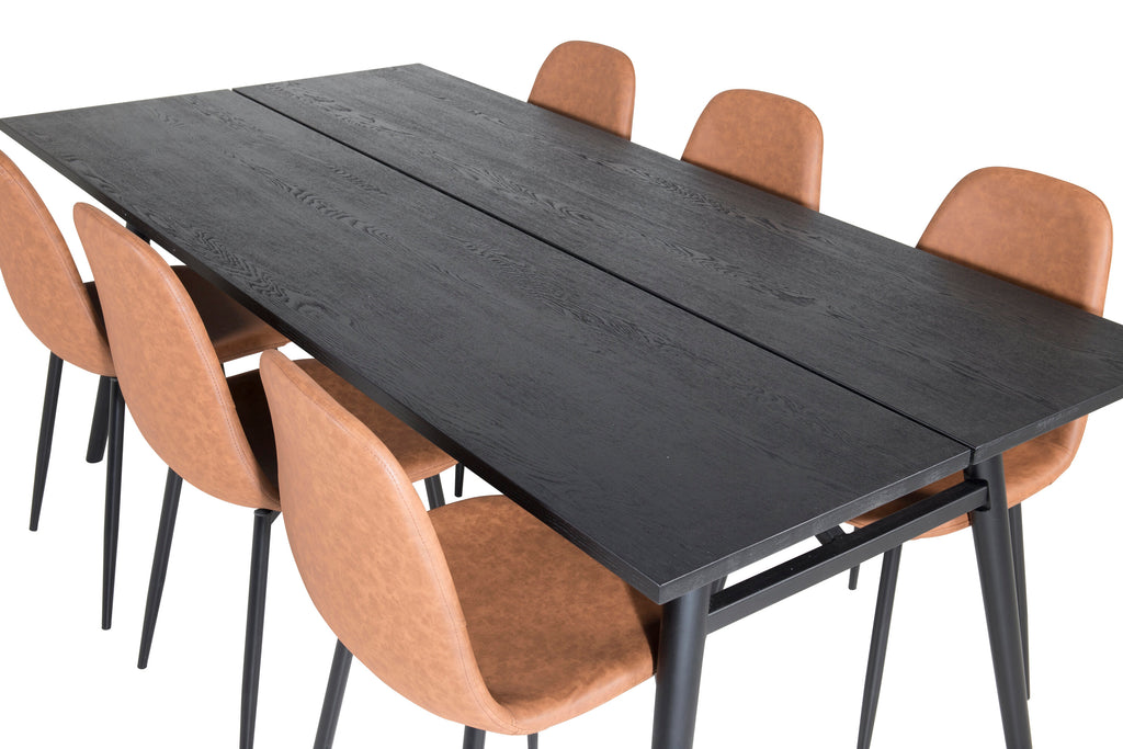 Sleek utdragbart matbord borstad svart 195x95 med 6 Polar matstolar brun/svart